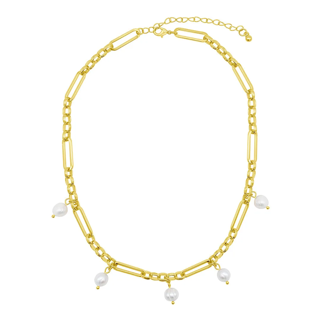 14k Gold Plated Adjustable Freshwater Pearl Mixed Link Chain Necklace