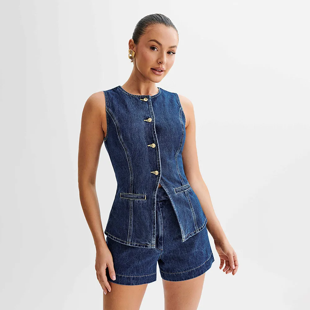 2024 Summer Foreign Trade Women’s AliExpress Back Vest Shorts Denim Slim Fit Two-Piece Set Suit