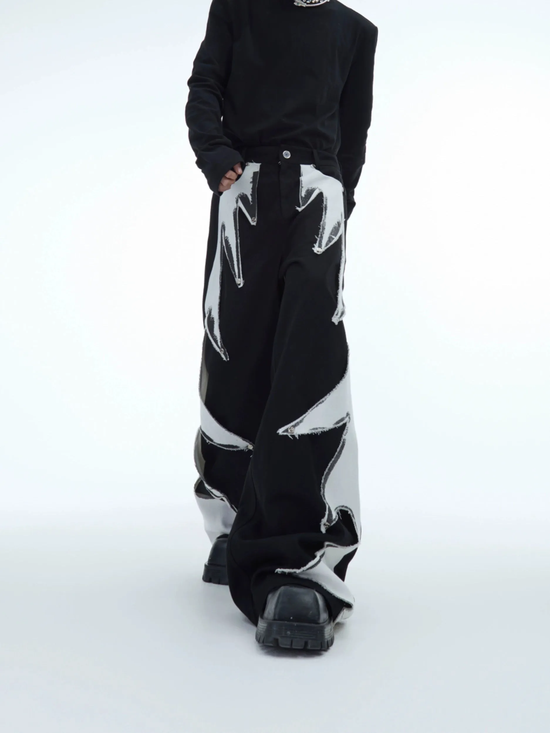 【24s Dec.】Original Flame Ghost Patchwork Loose Straight Trousers