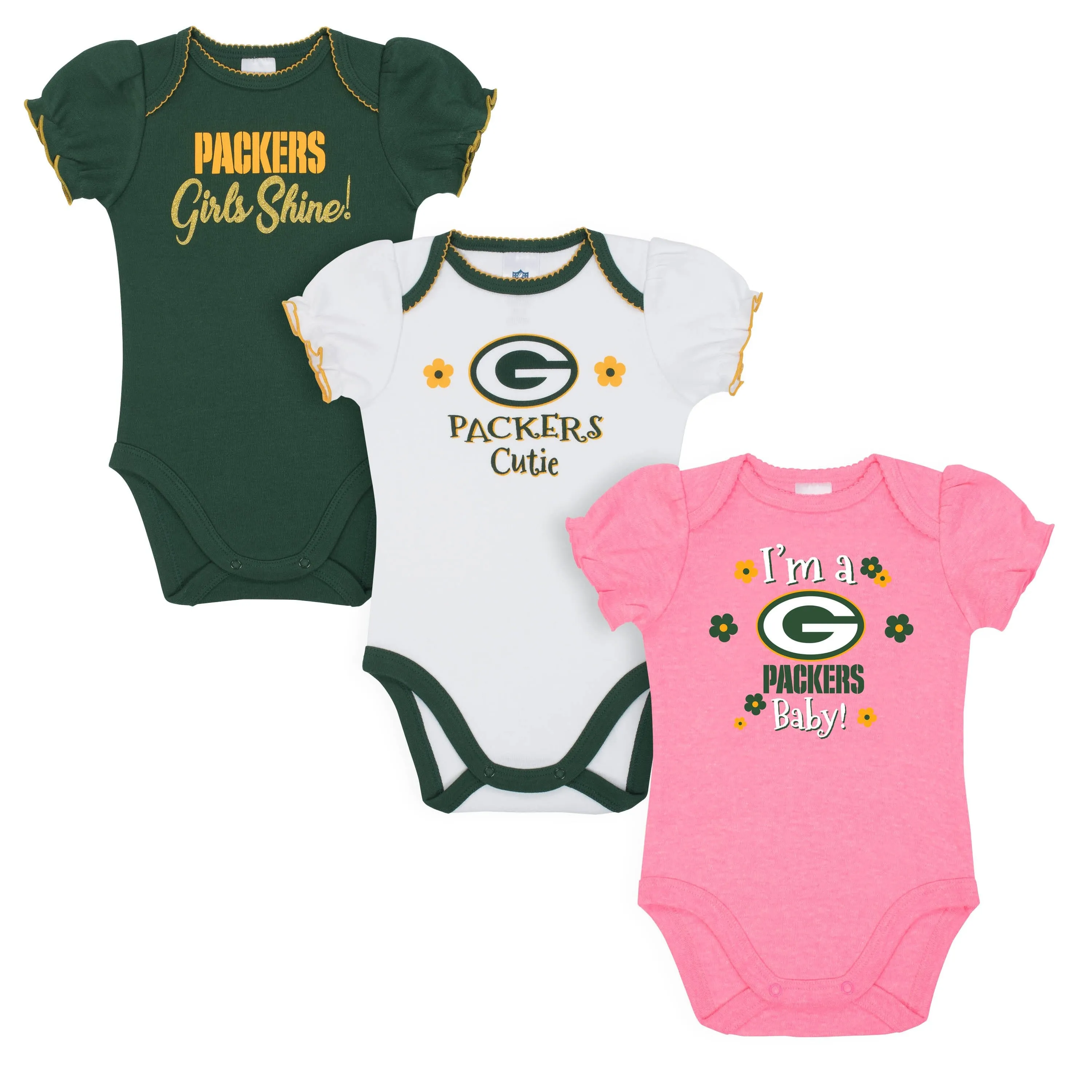 3-Pack Baby Girls Green Bay Packers Short Sleeve Bodysuits