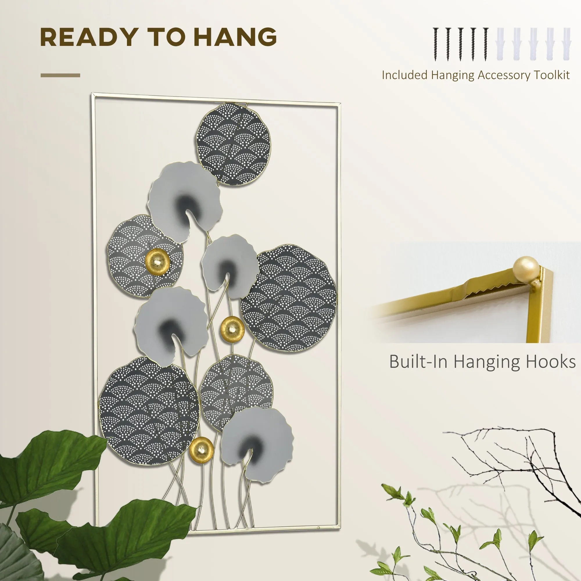 3D Metal Wall Art Modern Lotus Leaves Hanging Wall Sculpture Home Decor for Living Room Bedroom Dining Room, Grey Gold