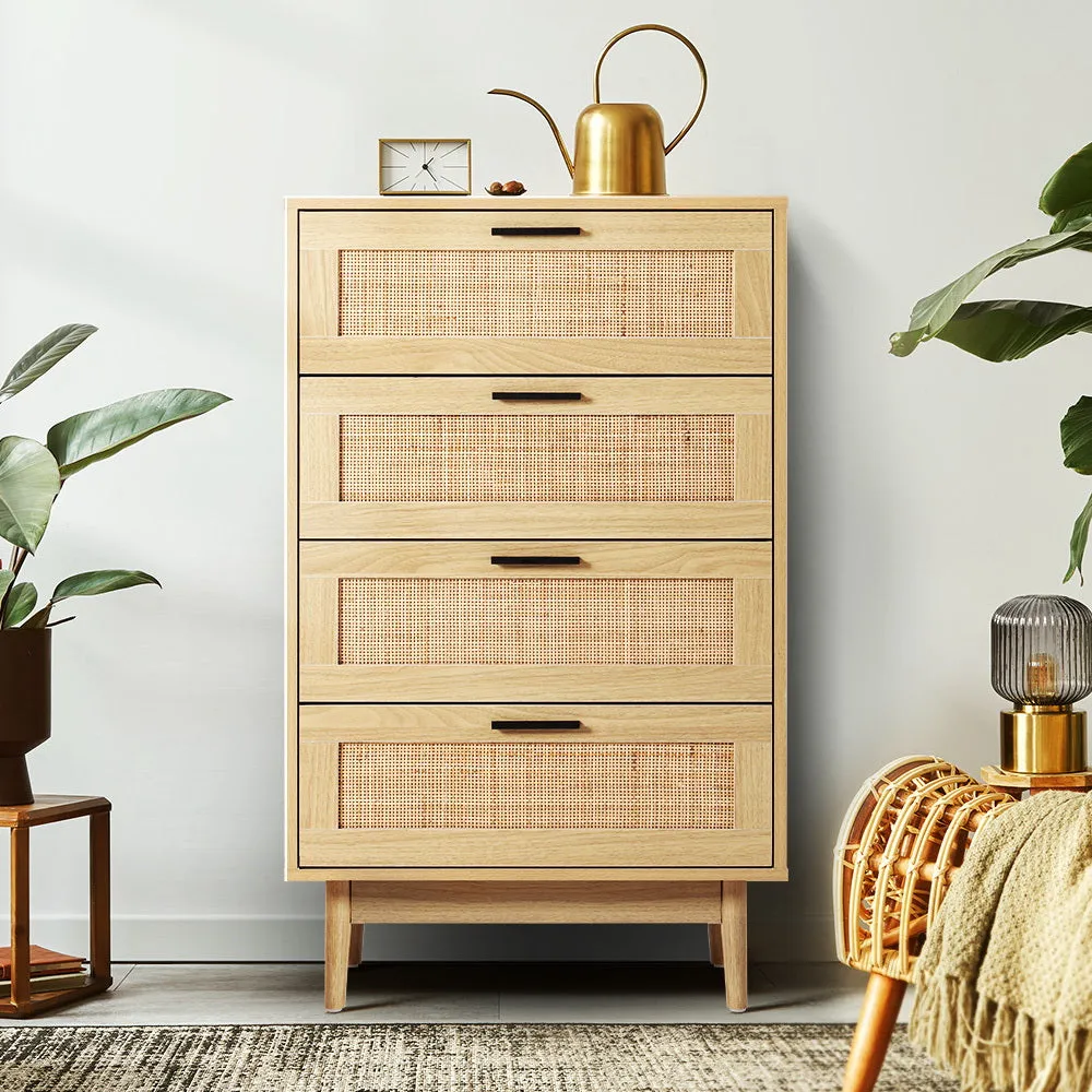 4 Rattan Chest of Drawers Tallboy Cabinet Bedroom Clothes Storage Wood