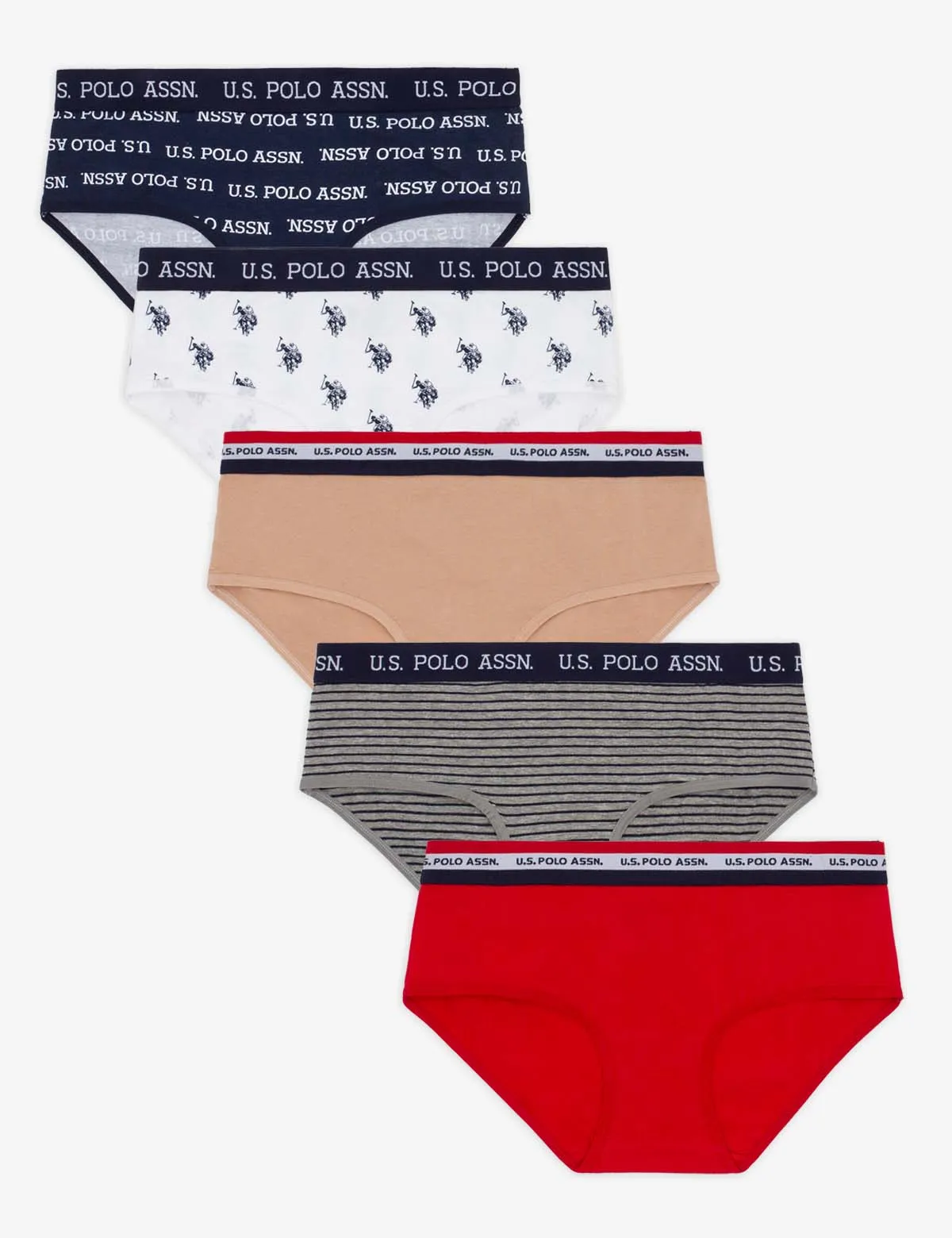 5PK RED WHITE & BLUE LOGO COTTON/SPAN HIPSTERS