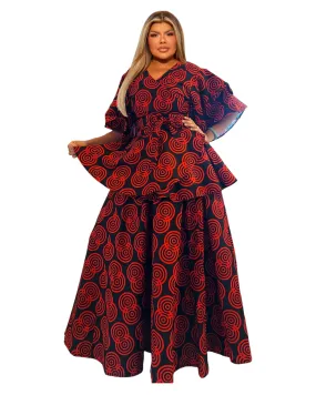 7001 Set / Wrap Blouse & Long Skirt-Red/Black