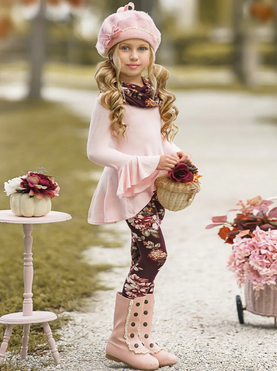 Abigail Pink Tunic, Floral Scarf And Legging Set