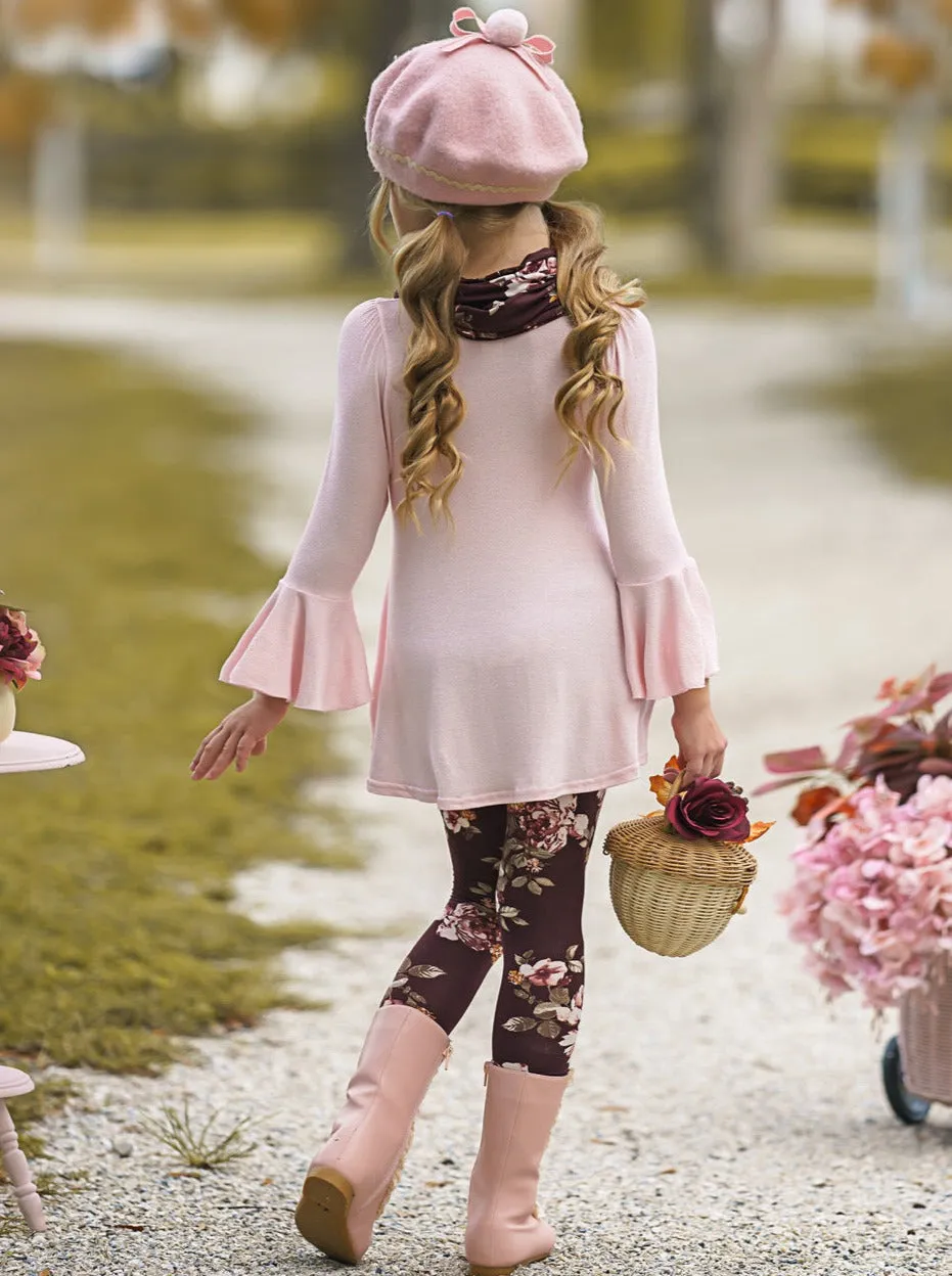 Abigail Pink Tunic, Floral Scarf And Legging Set