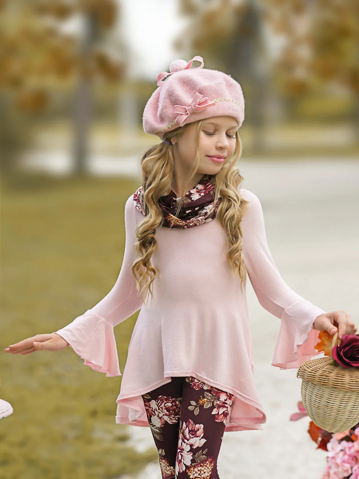 Abigail Pink Tunic, Floral Scarf And Legging Set