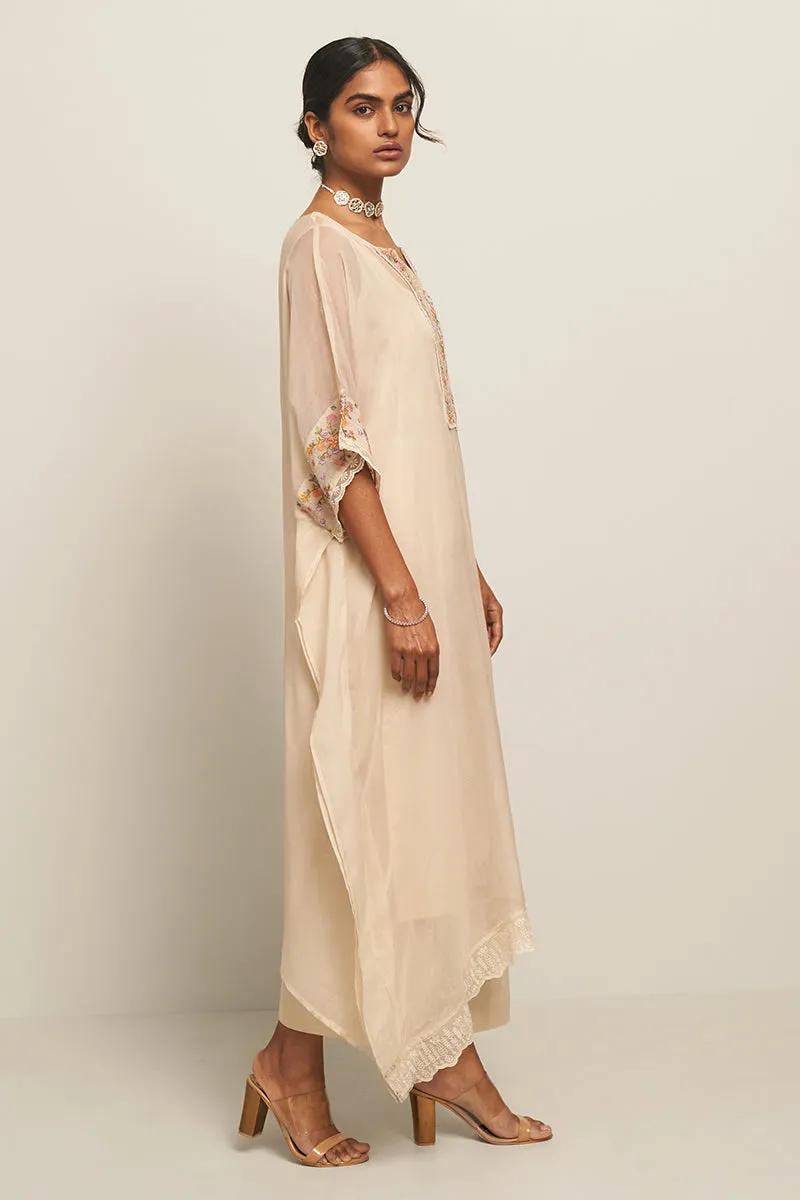 Almond Milk Organza Kaftan With Multi Colour Thread Embroidery With Lace Detailing