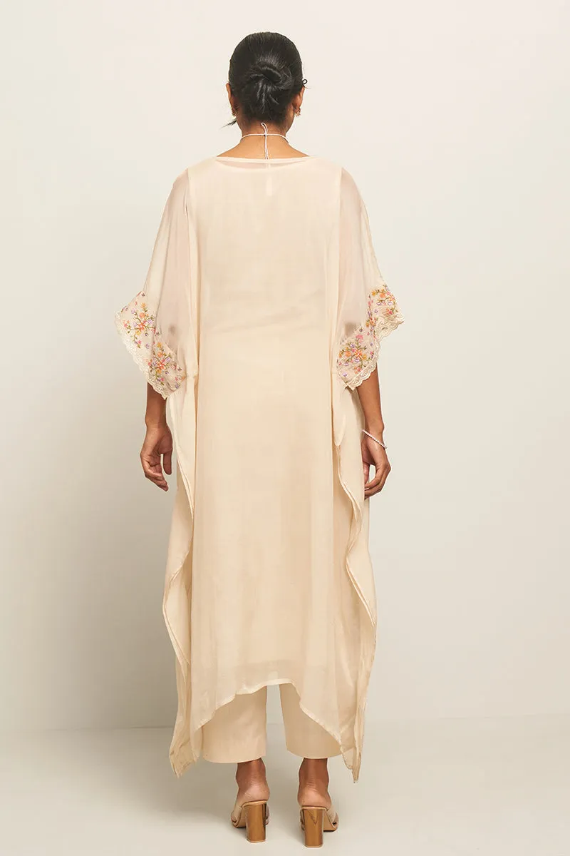 Almond Milk Organza Kaftan With Multi Colour Thread Embroidery With Lace Detailing