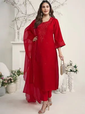 Amyra Dastur Red Floral Regular Thread Work Pure Silk Straight Kurta with Trousers & Dupatta