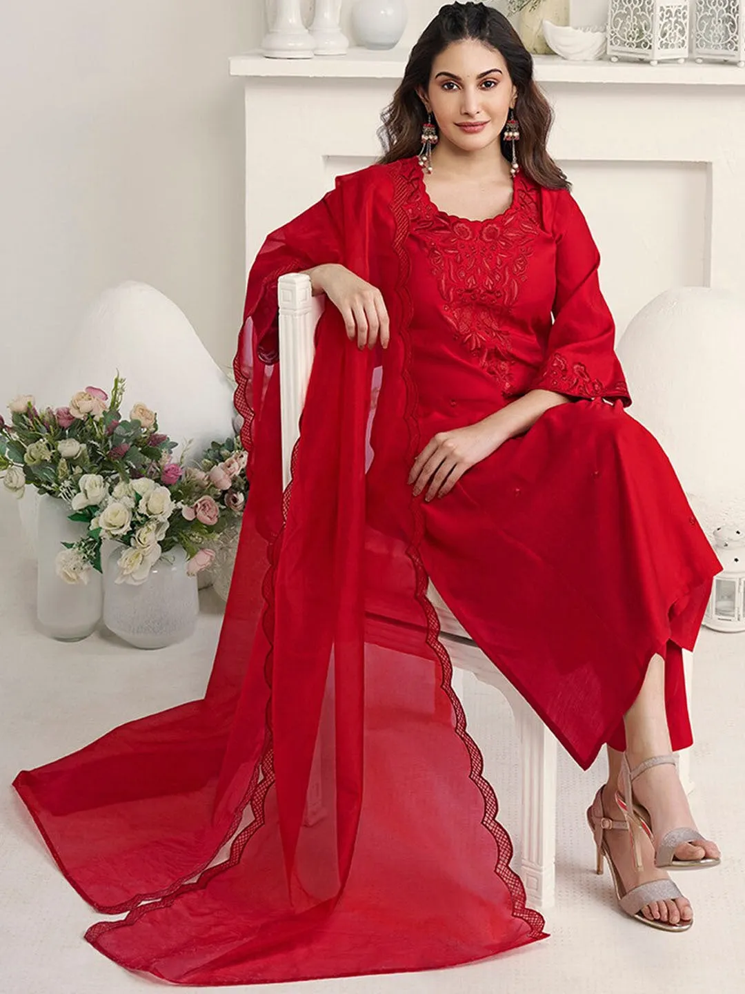 Amyra Dastur Red Floral Regular Thread Work Pure Silk Straight Kurta with Trousers & Dupatta