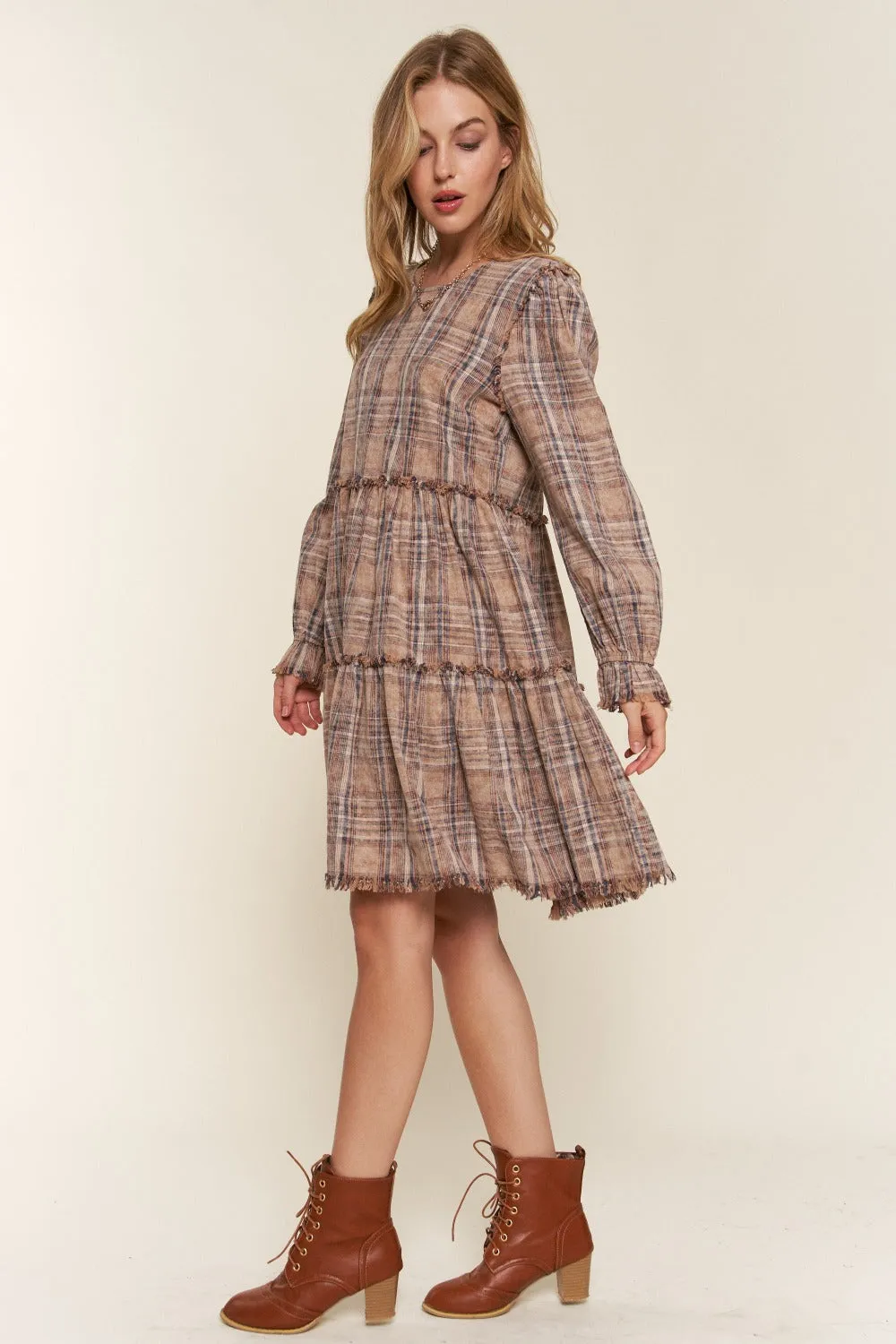 And The Why Full Size Washed Frayed Tiered Plaid Dress