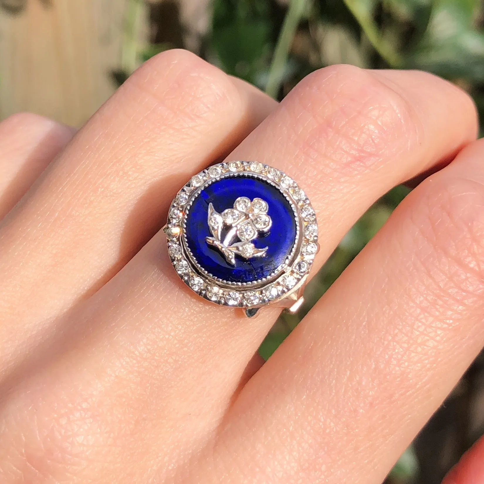 Antique Silver Blue Enamel Floral Paste Conversion Ring