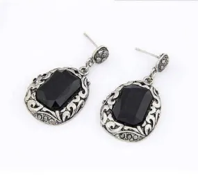 Antiqued Milgrain Silver and Black Faceted Crystal Drop Earrings