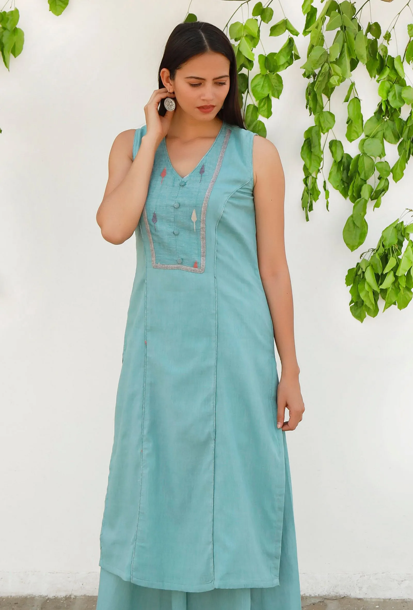 Aqua Blue  Mulmul-Jamdani Straight kurta