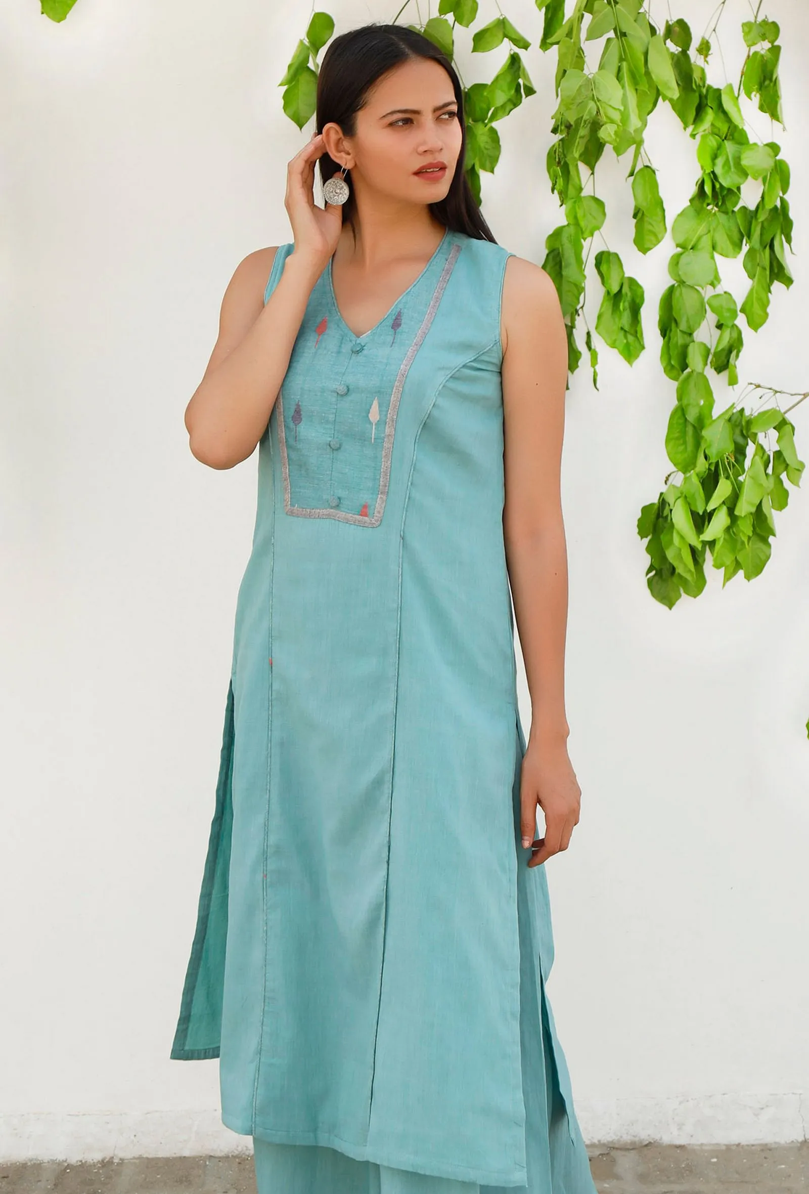 Aqua Blue  Mulmul-Jamdani Straight kurta