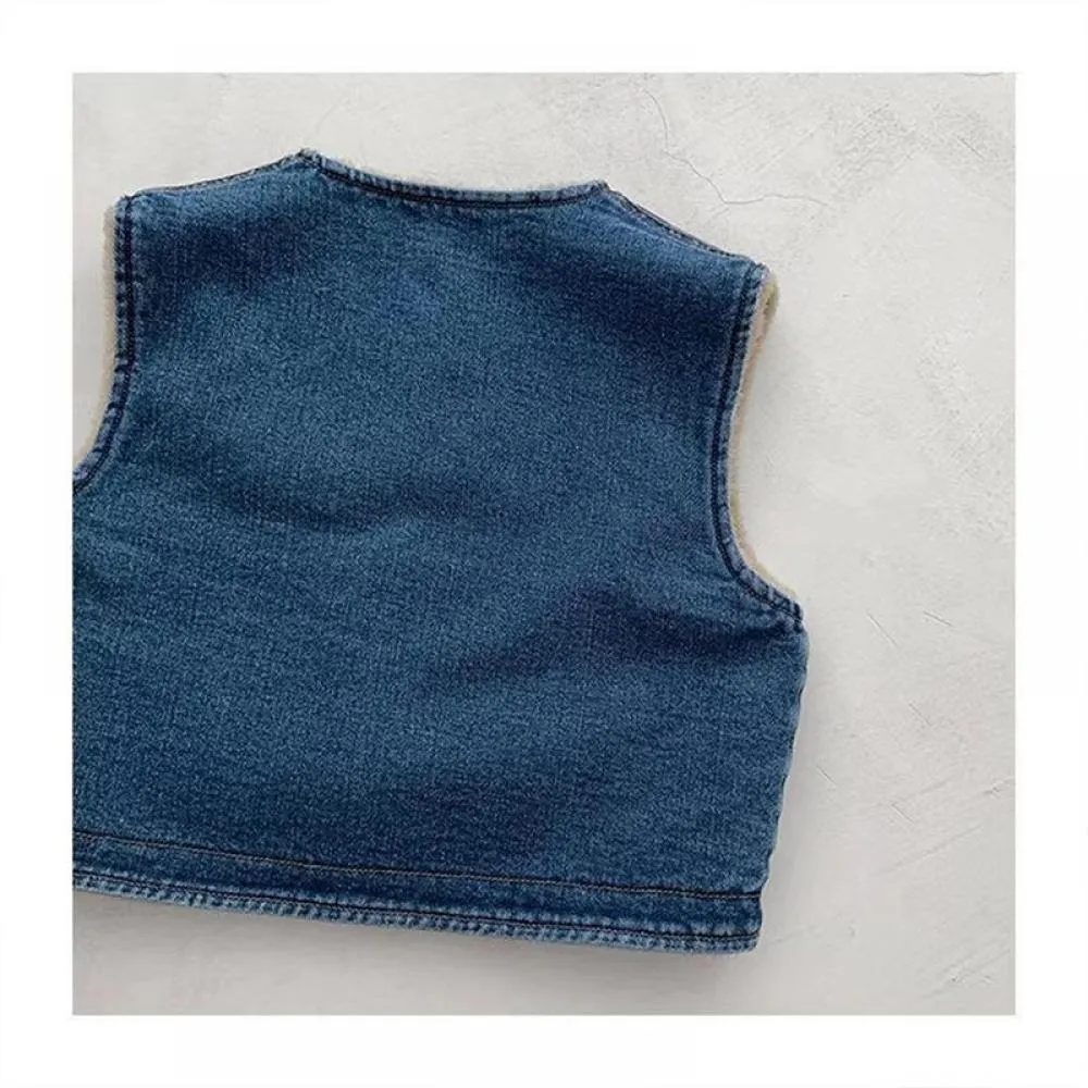 Baby Winter Plus Velvet Denim Waistcoat Boys And Girls Solid Color Padded Vest Wholesale Baby Clothes