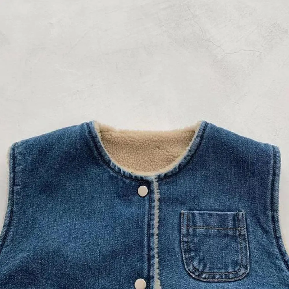 Baby Winter Plus Velvet Denim Waistcoat Boys And Girls Solid Color Padded Vest Wholesale Baby Clothes