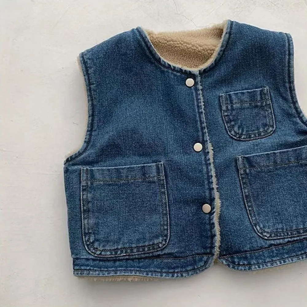 Baby Winter Plus Velvet Denim Waistcoat Boys And Girls Solid Color Padded Vest Wholesale Baby Clothes