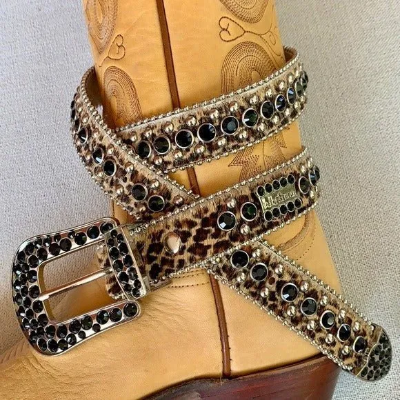 B.B. SIMON Hair On Cowhide Leopard Crystal Leather Cowgirl Western Belt