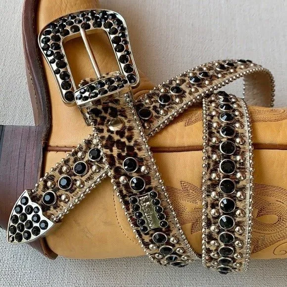 B.B. SIMON Hair On Cowhide Leopard Crystal Leather Cowgirl Western Belt