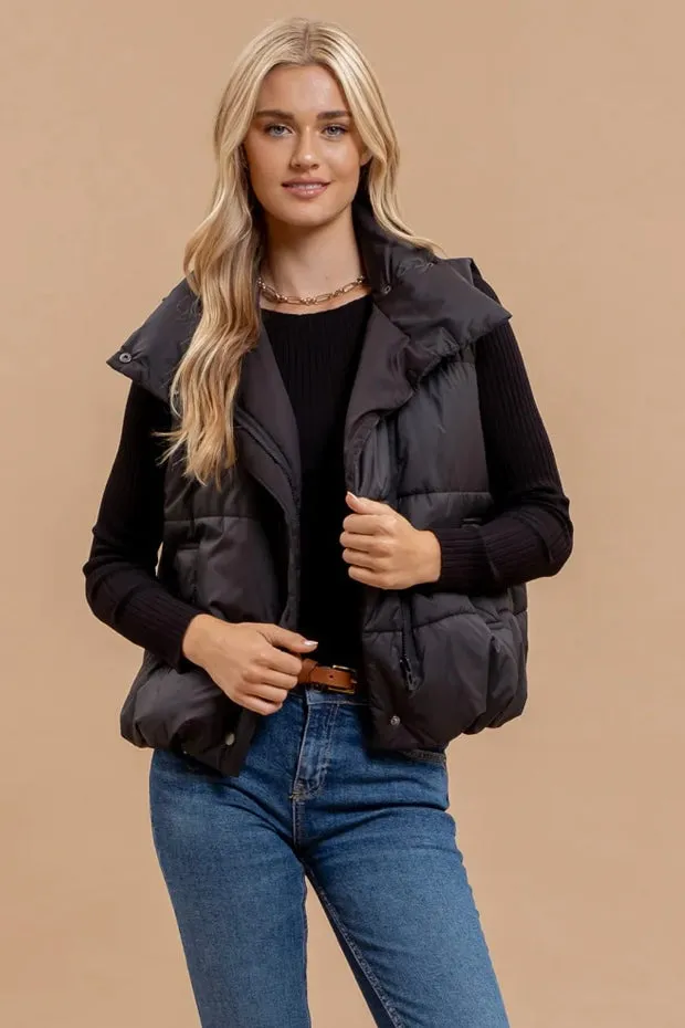 Black Asymmetrical Zip Up High Neck Puffer Vest