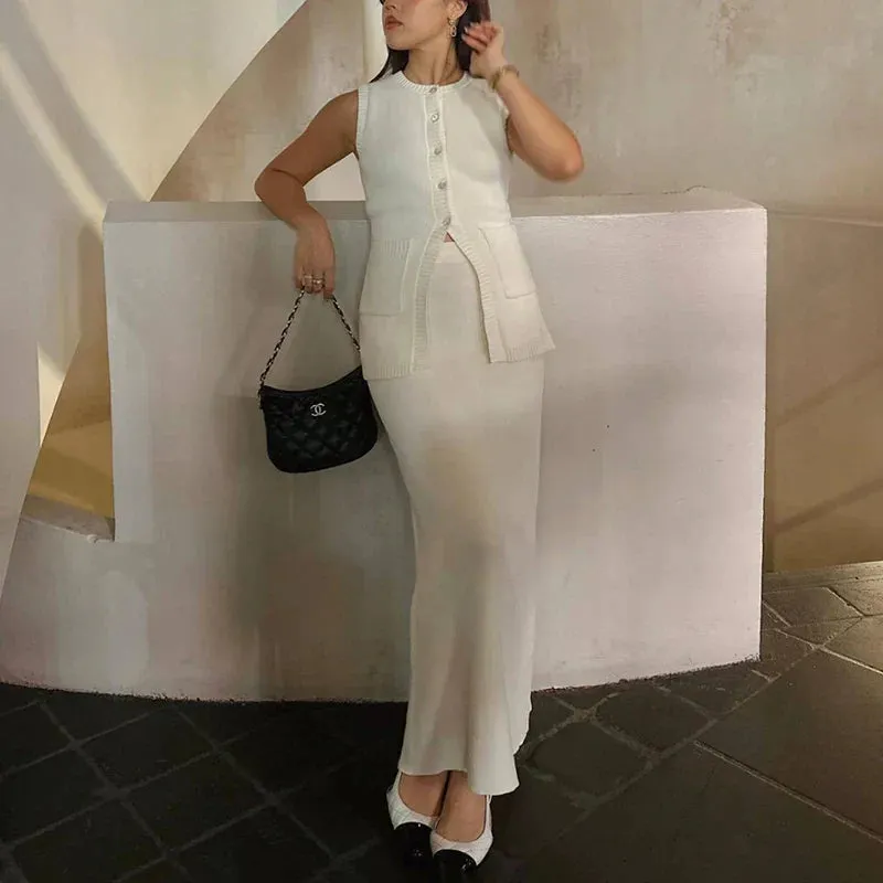 Black Friday Joskaa Summer Fashion Knitted Skirt Suit Sleeveless Vest Pocket Slit High Waist Long Skirt Elegant White Ribbed Knitwear Outfits