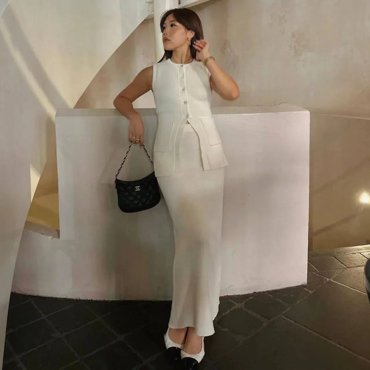 Black Friday Joskaa Summer Fashion Knitted Skirt Suit Sleeveless Vest Pocket Slit High Waist Long Skirt Elegant White Ribbed Knitwear Outfits