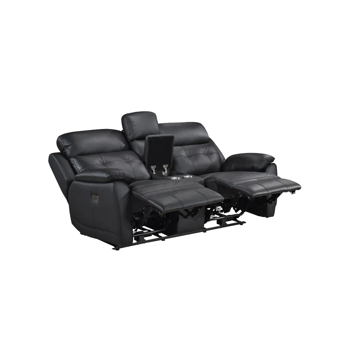 Black Leather Power Reclining Console Loveseat with USB Ports