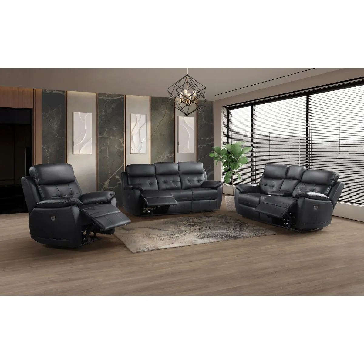 Black Leather Power Reclining Console Loveseat with USB Ports