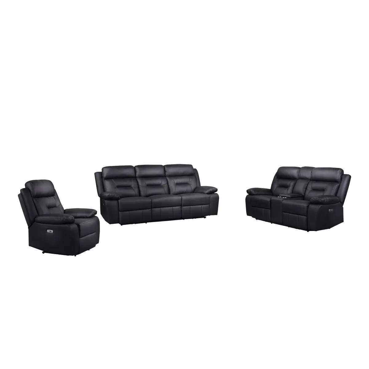 Black Power Reclining Sofa with USB Ports & Leather Upholstery