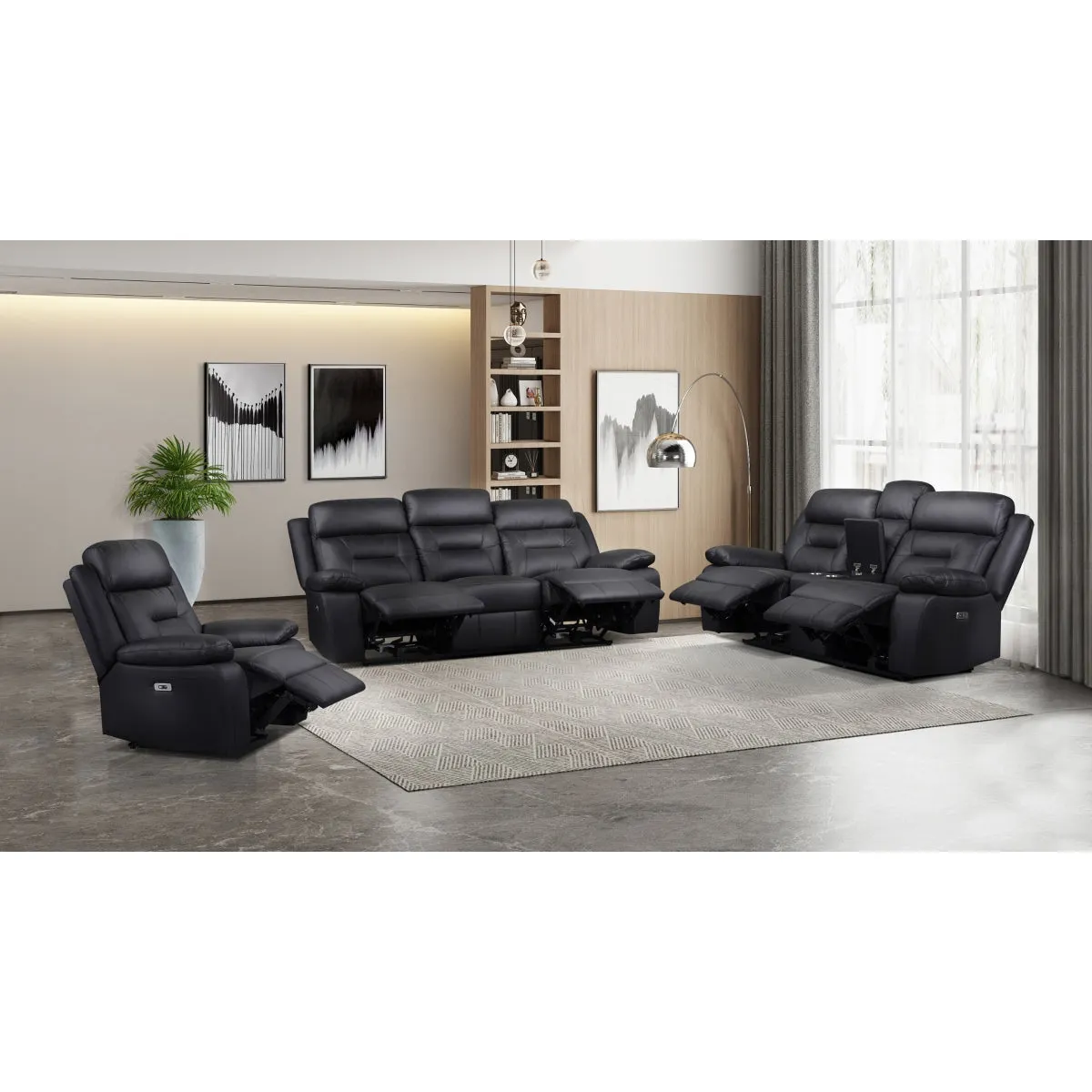 Black Power Reclining Sofa with USB Ports & Leather Upholstery