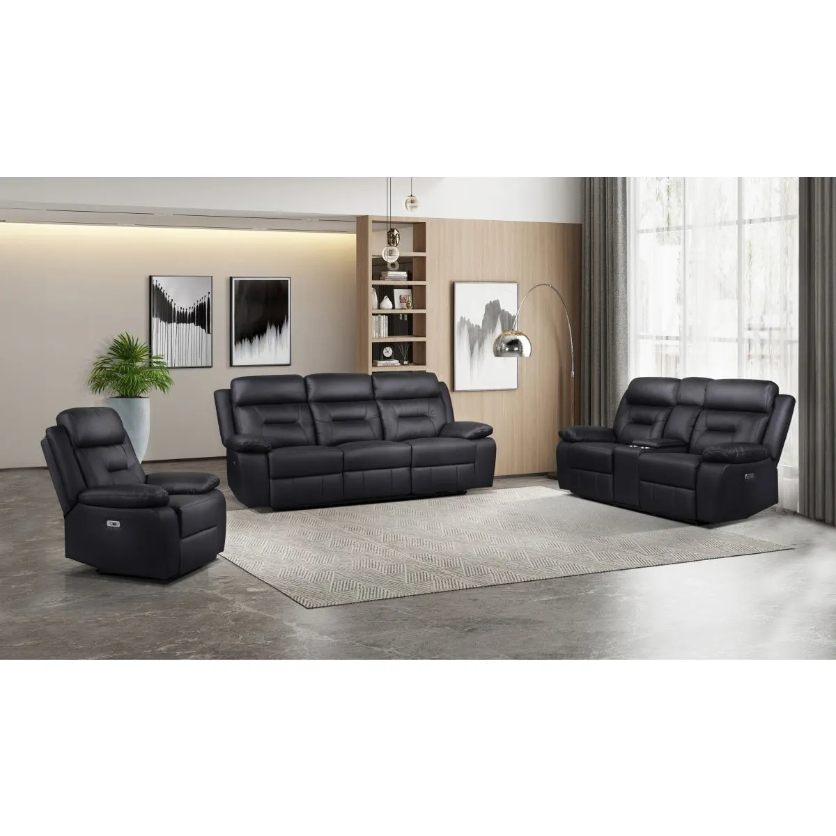 Black Power Reclining Sofa with USB Ports & Leather Upholstery