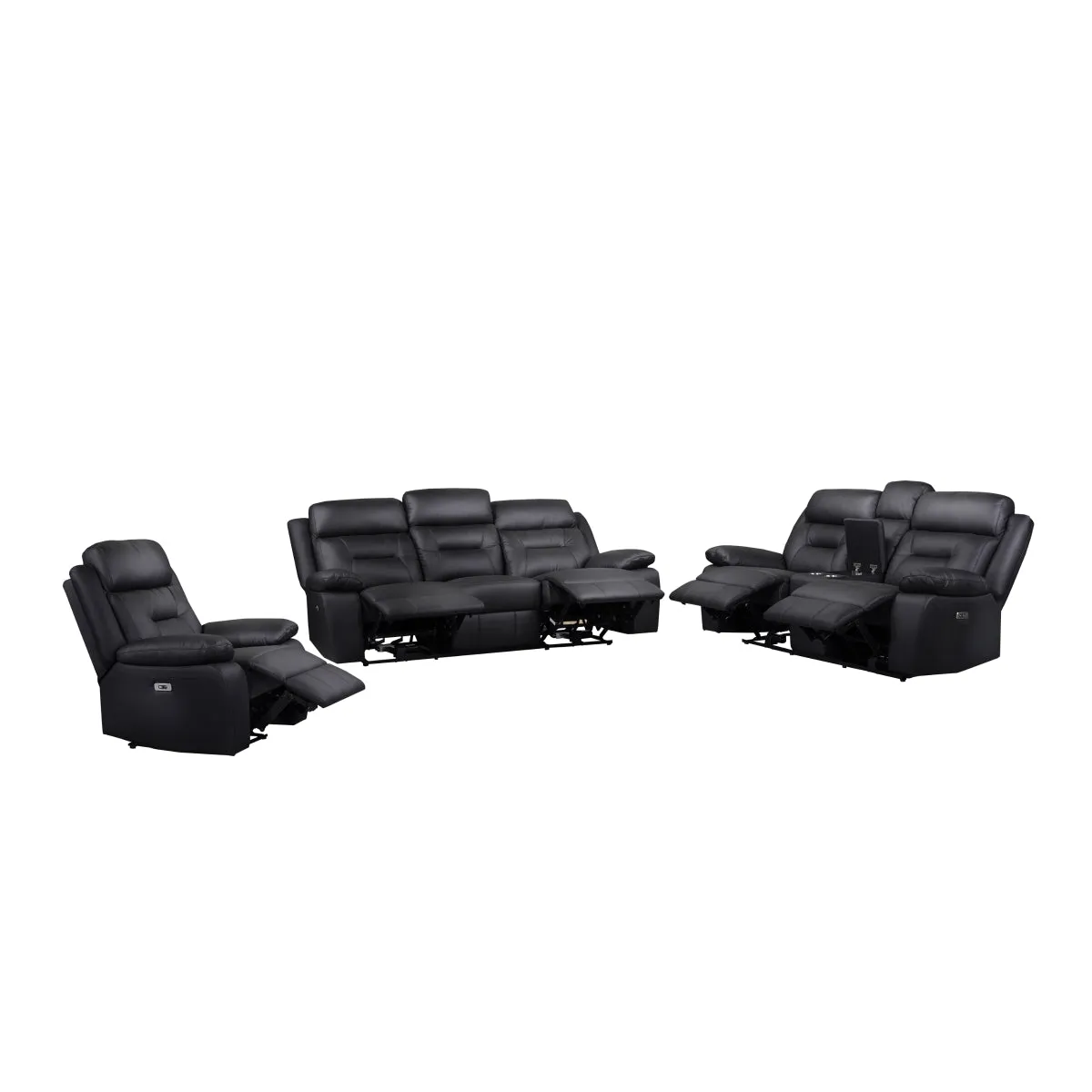 Black Power Reclining Sofa with USB Ports & Leather Upholstery