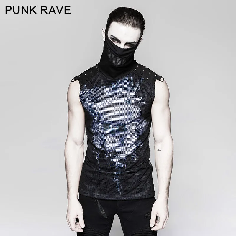 Black Rivets Puff Printing Knitted Collar Men Sleeveless Punk Vest