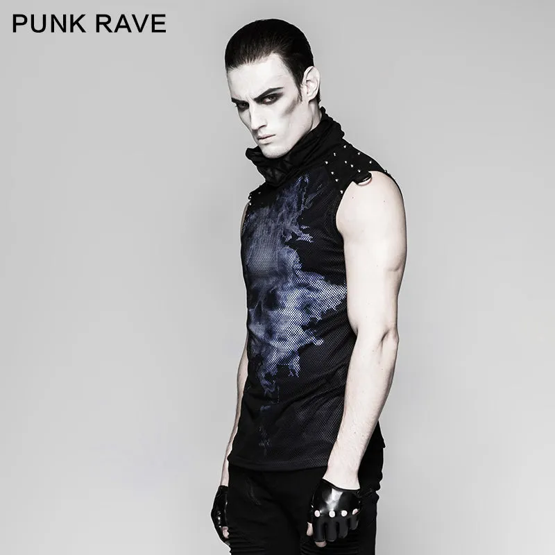 Black Rivets Puff Printing Knitted Collar Men Sleeveless Punk Vest