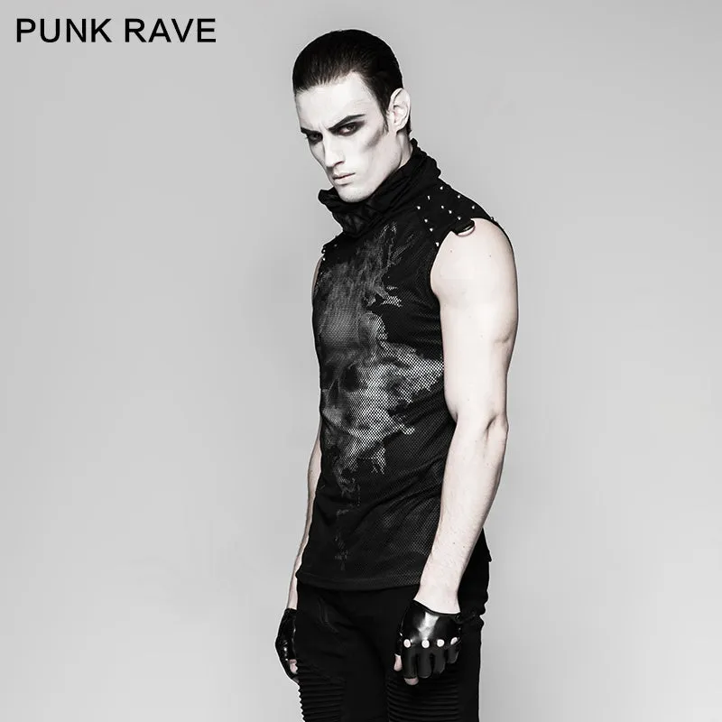 Black Rivets Puff Printing Knitted Collar Men Sleeveless Punk Vest