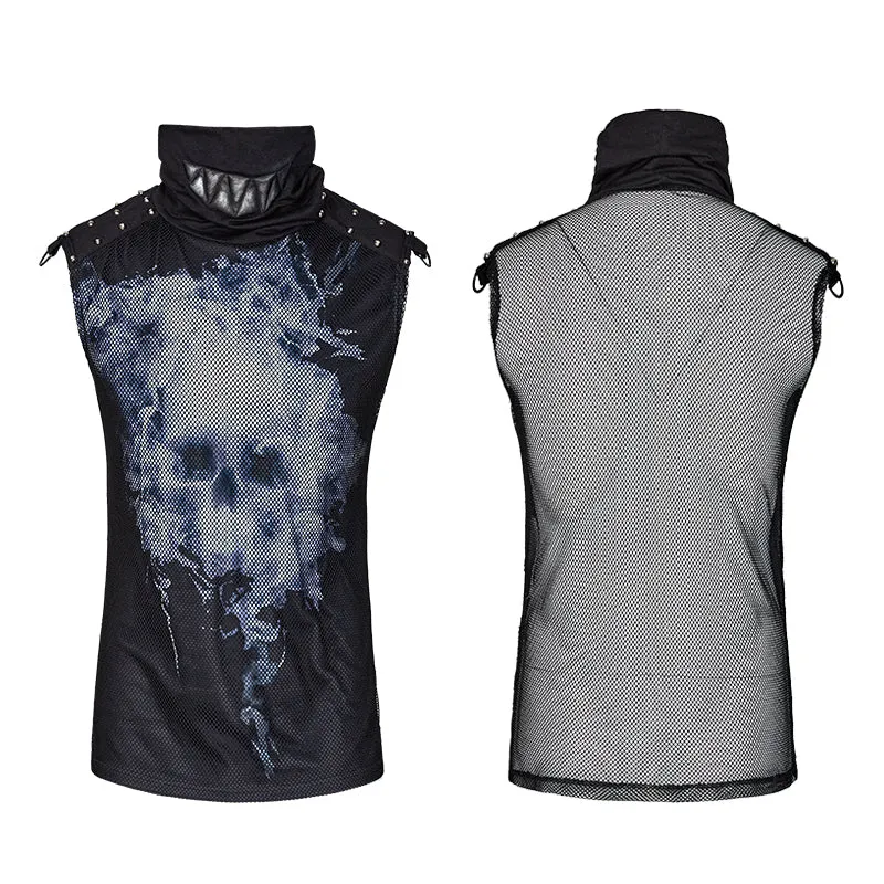 Black Rivets Puff Printing Knitted Collar Men Sleeveless Punk Vest