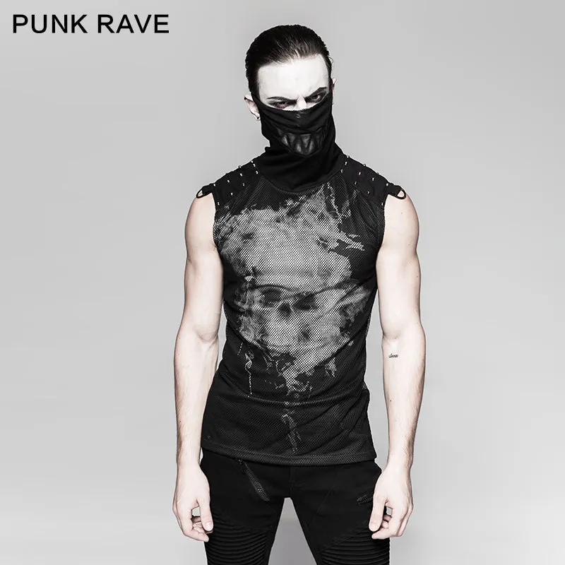 Black Rivets Puff Printing Knitted Collar Men Sleeveless Punk Vest