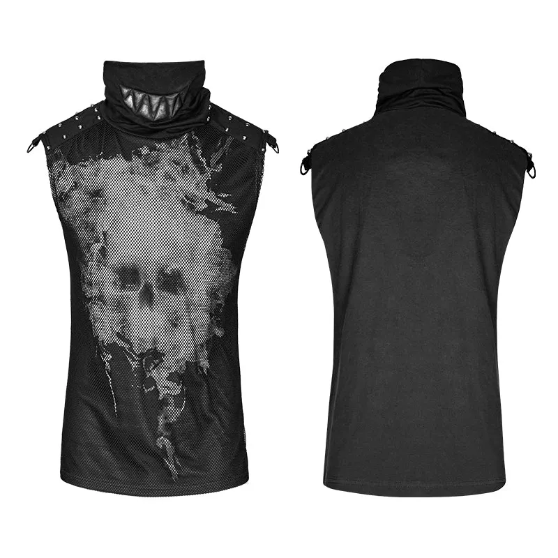 Black Rivets Puff Printing Knitted Collar Men Sleeveless Punk Vest