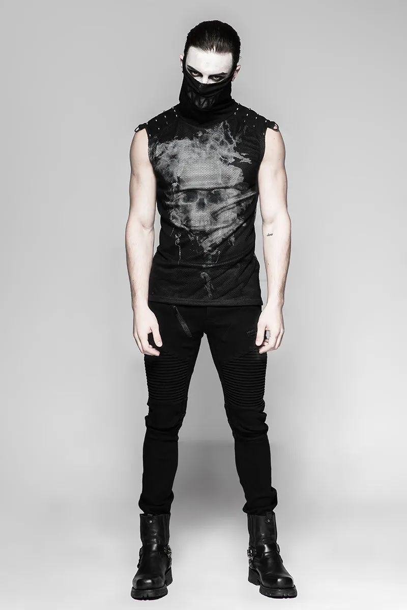 Black Rivets Puff Printing Knitted Collar Men Sleeveless Punk Vest