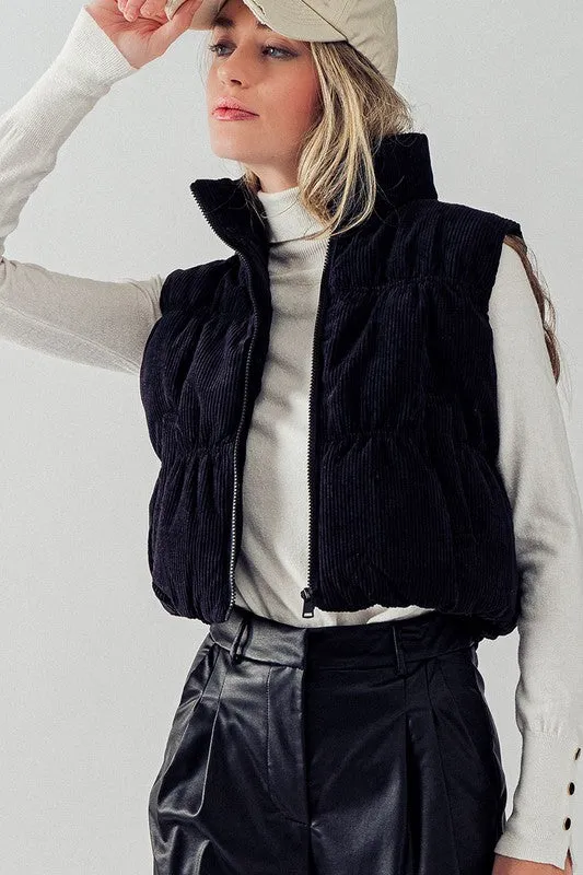 Black Stand Collar Cropped Corduroy Puffer Vest