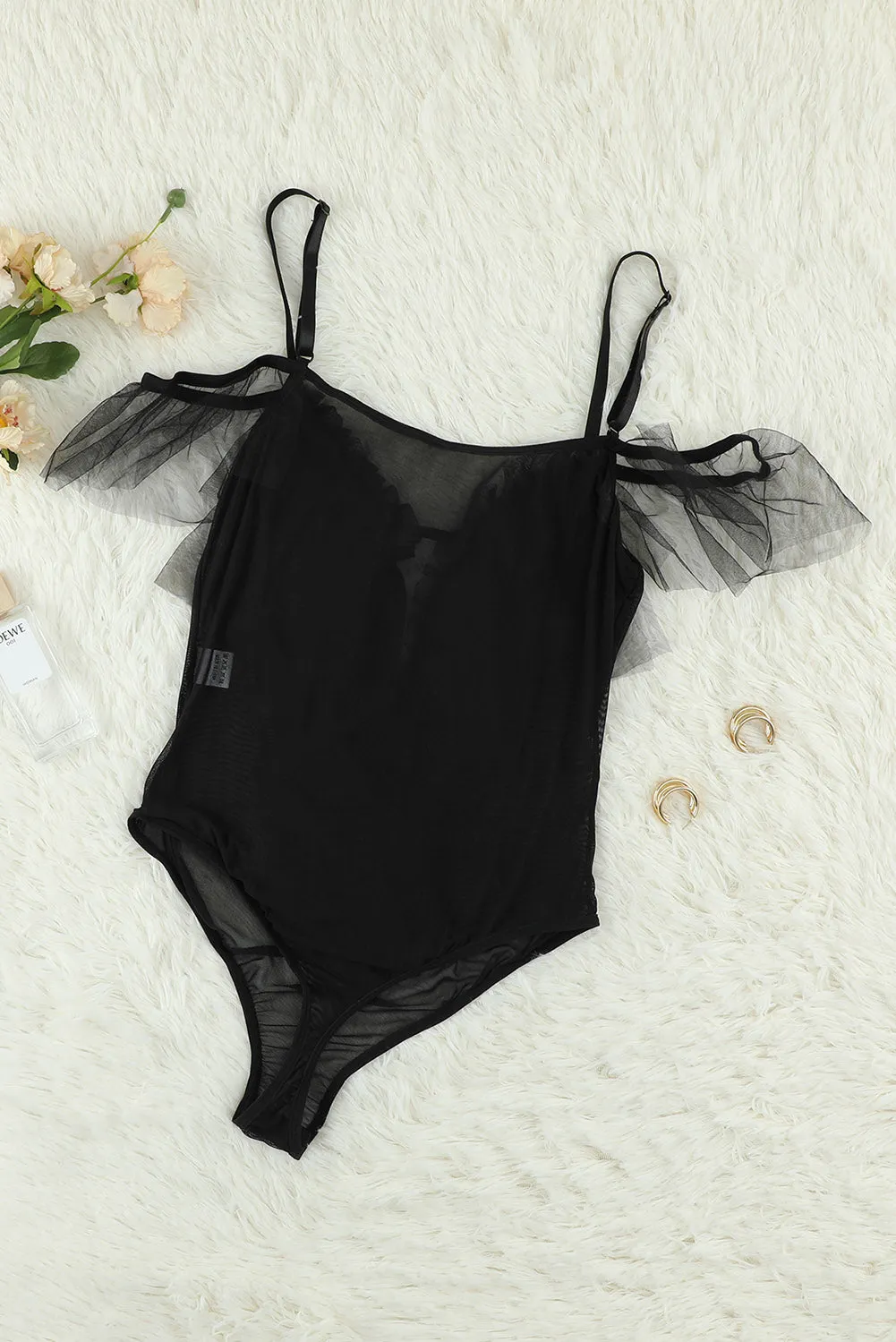 Black Tulle Mesh Thong Bodysuit