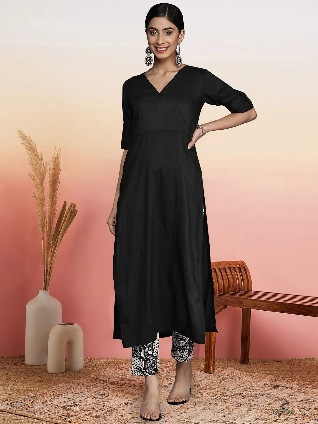 Black Women Regular Kurta with Trousers