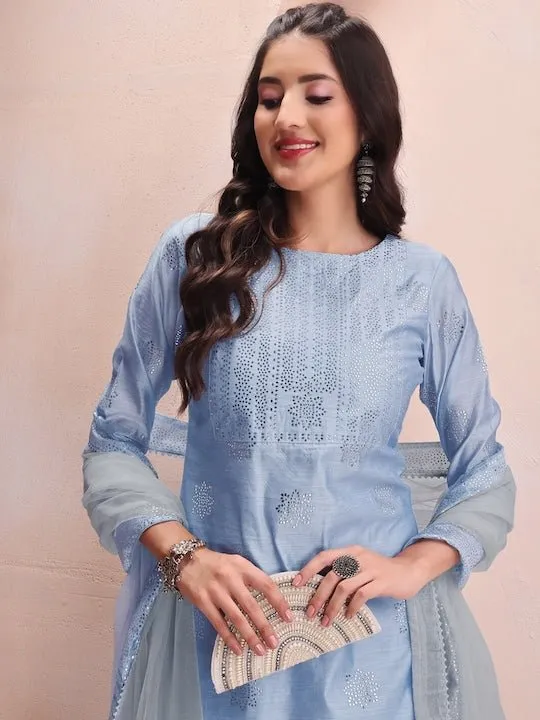 Blue Floral Embroidered Mukaish Chanderi Cotton Kurta With Trousers & Dupatta