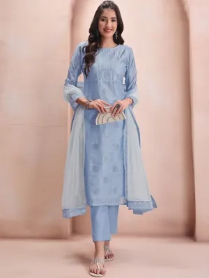 Blue Floral Embroidered Mukaish Chanderi Cotton Kurta With Trousers & Dupatta