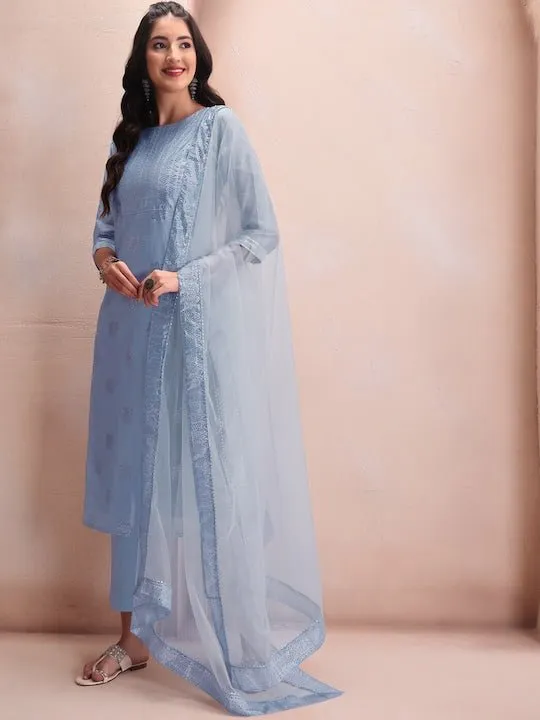 Blue Floral Embroidered Mukaish Chanderi Cotton Kurta With Trousers & Dupatta