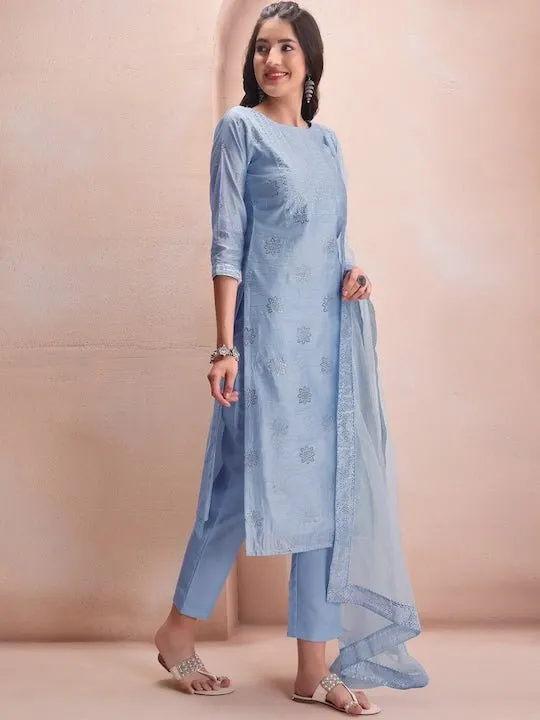 Blue Floral Embroidered Mukaish Chanderi Cotton Kurta With Trousers & Dupatta