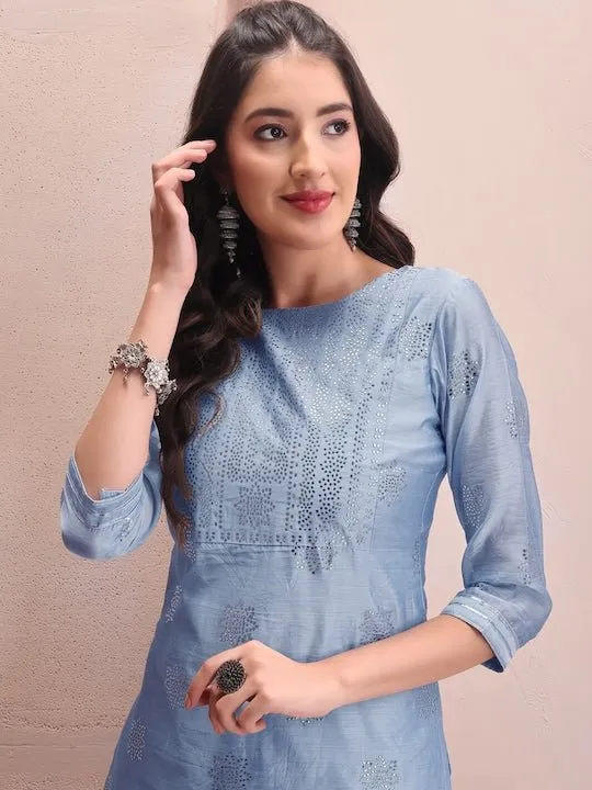 Blue Floral Embroidered Mukaish Chanderi Cotton Kurta With Trousers & Dupatta