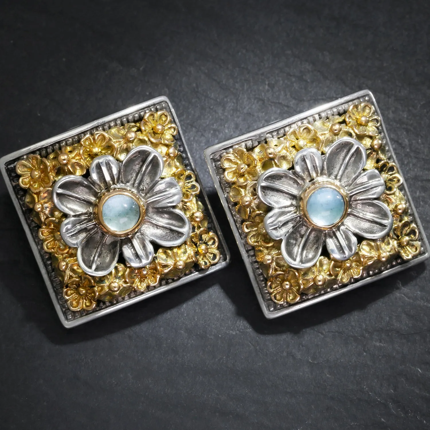 Blue Topaz Sterling Clip-On Flower Earrings with 18K Gold